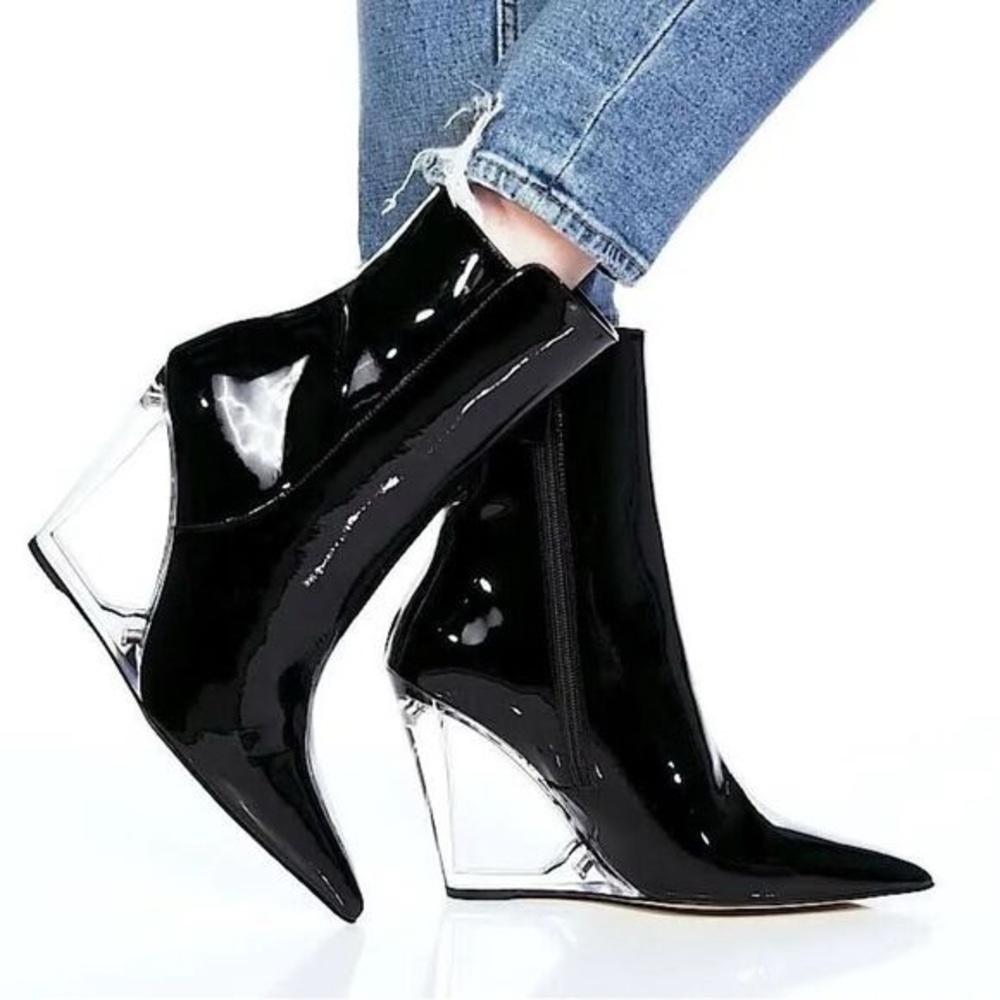 Stuart Weitzman Black Patent Ankle Boots with Lucite Wedge